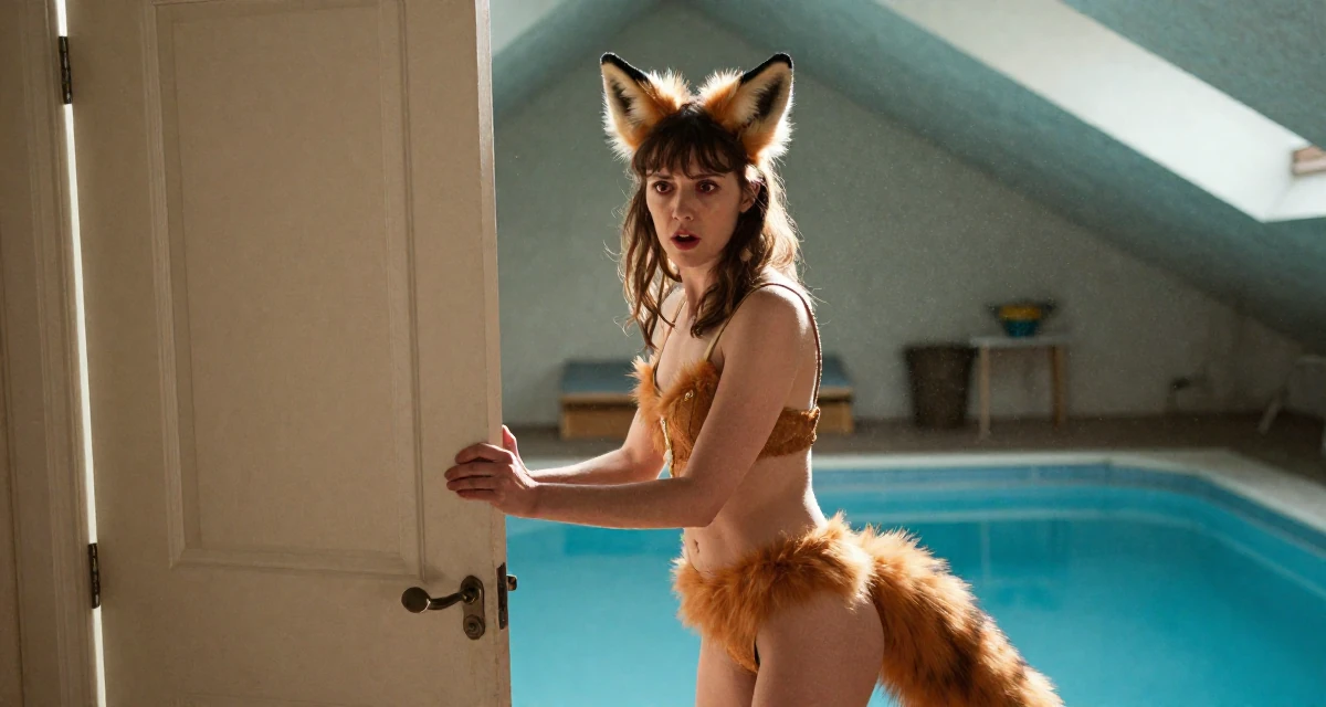 A stunned Female Once a ballet dropout, now redefining movement through intimate expression in their 38, expert in vintage fashion and thrifting, wearing a fox spirit (kitsune) outfit with fluffy ears and tails, pushing a door open in a attic room.