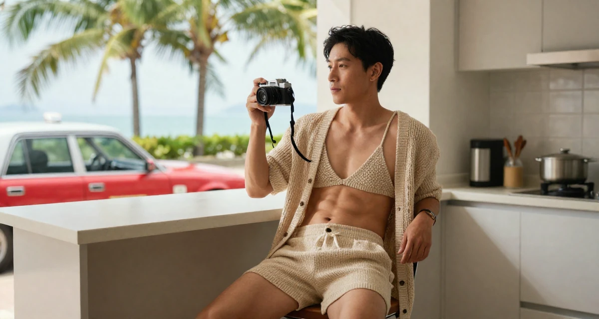 A relaxed and observant male From Hong Kong, holds a business administration degree in their 36, sharing the ups and downs of entrepreneurship, wearing a knitted bralette and a matching cardigan with shorts, holding a camera ready to shoot in a sunlit kitchen island.