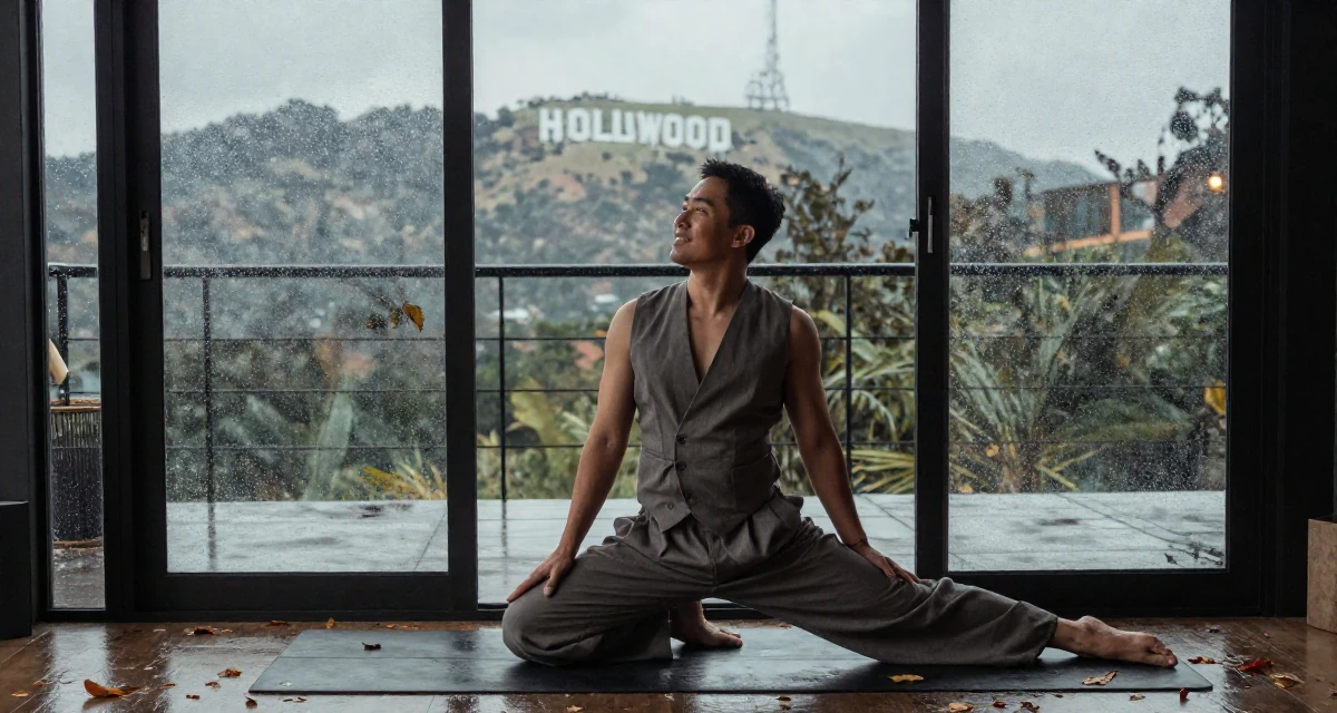 A radiant male From Thailand, studied hospitality management in their 30, seeking adventure and outdoor challenges, wearing a fitted waist coat and wide leg trousers, leaning against a door in a yoga studio.