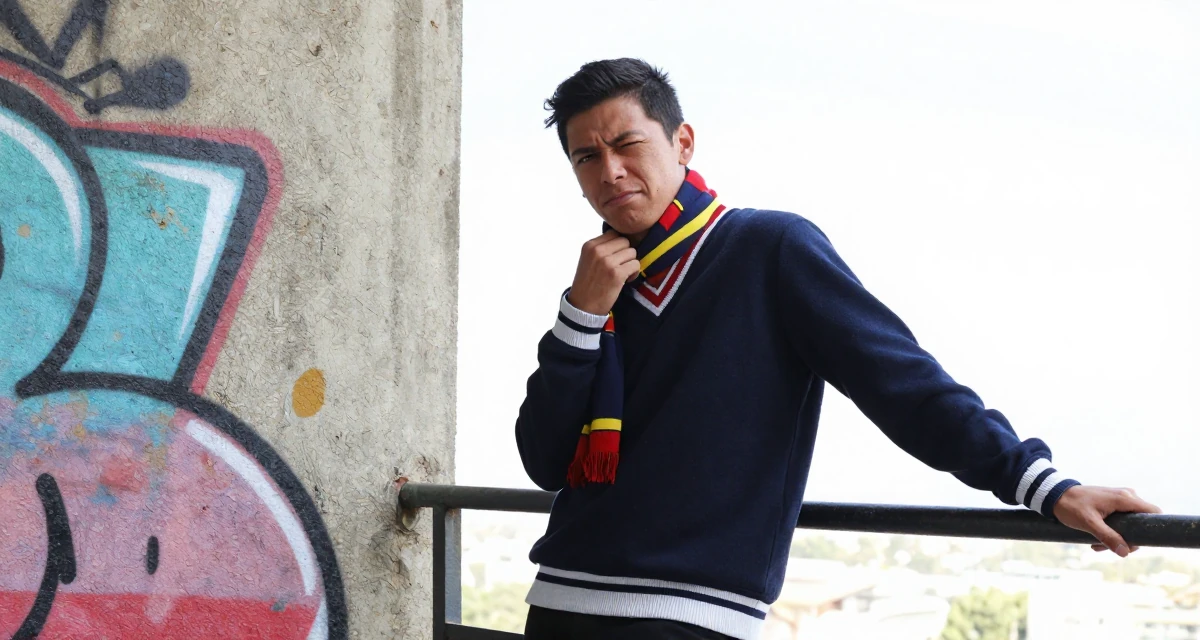 A bashful male From Ecuador, studied system engineering in their 20, exploring identity through bold fashion choices, wearing a classic collegiate style, wrapping a scarf around the neck in a graffiti art wall.