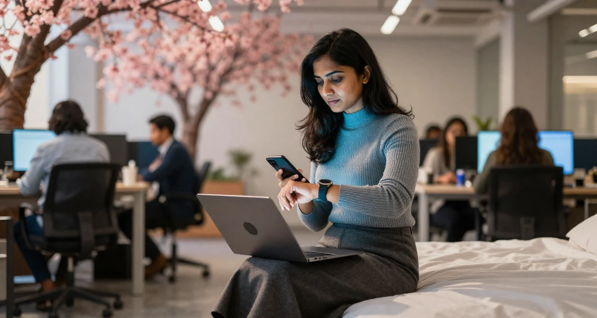A unbothered Female From India, based in Bangalore, graduated from a technical institute majoring in information systems in their 44, expert in negotiation and communication skills, wearing a ribbed mock neck top and a long wool skirt, glancing at a wristwatch in a busy coworking space.