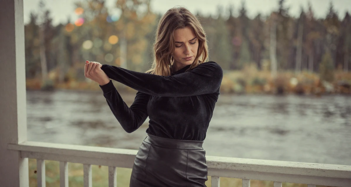 A soulful Female From Finland, based in Espoo, graduated from a design institute majoring in atmospheric lighting arts in their 36, documenting the process of writing a book, wearing a fitted velvet top and a leather skirt, pulling a sweater sleeves over hands in a front porch.