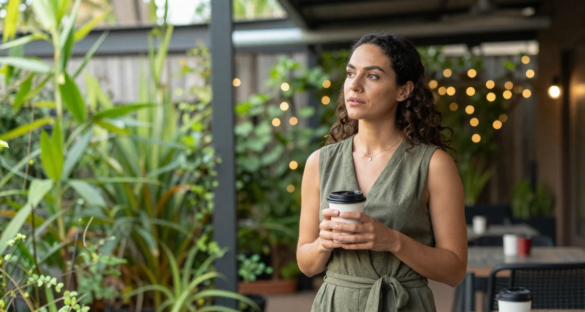 A yearning Female Grew up in Australia, majored in digital communication in their 29, trying to plan a future with unpredictable income, wearing a chic jumpsuit styling, holding a coffee cup with both hands in a sunny patio.