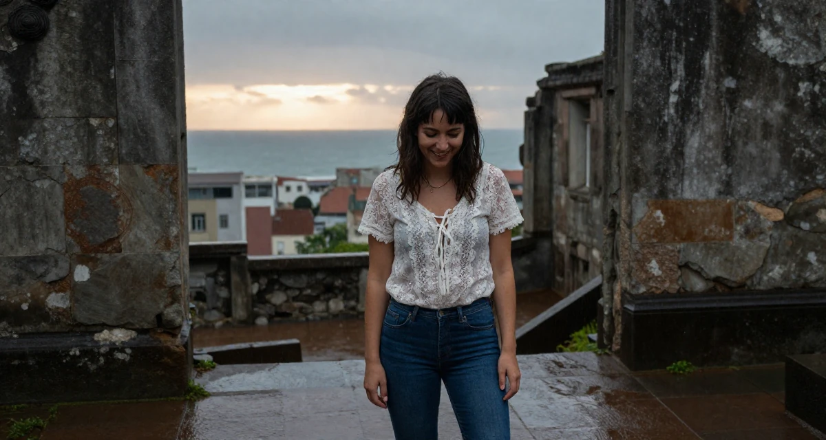 A fearless Female Former stay-in nanny, now building her own self-expression platform in their 29, trying to plan a future with unpredictable income, wearing a lace-up front top and skinny jeans, laughing softly in a ancient stone ruins.