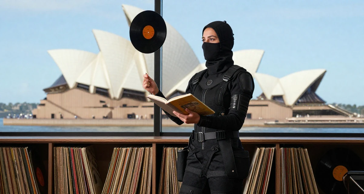 A reserved Female From Australia, majored in finance at a private university in their 25, juggling part-time jobs with studies, wearing a tech-wear ninja outfit with a face mask, opening a book in a glass-walled conference room.