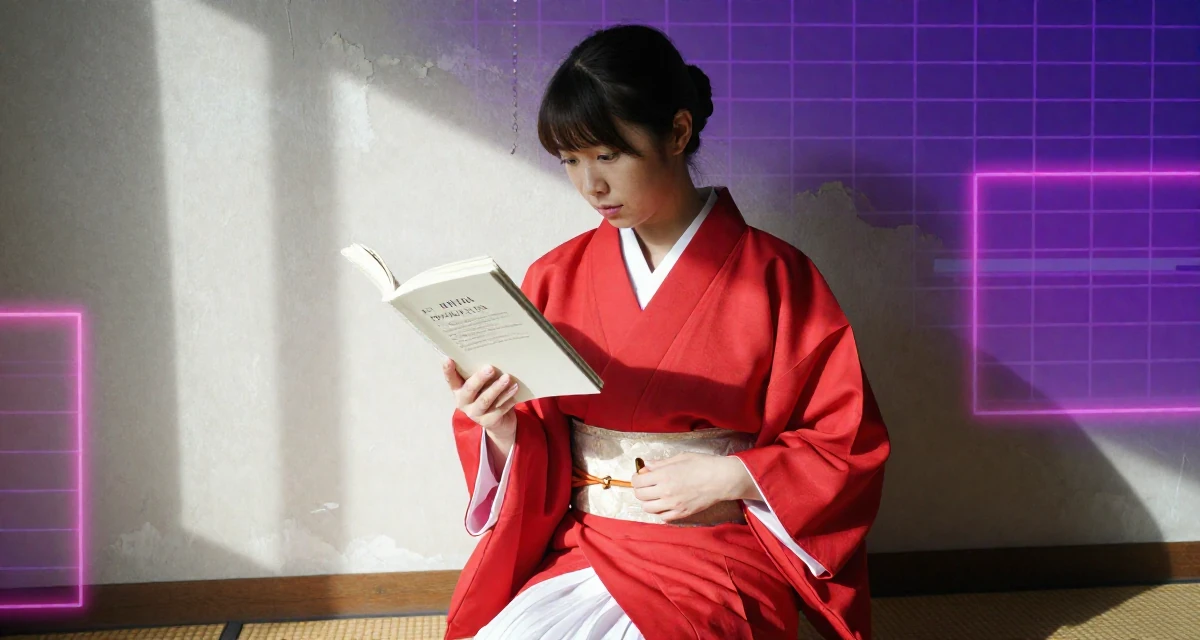 A composed Female Once a recruitment assistant, now creating relatable work-life content in their 34, reviewing books and sharing reading lists, wearing a traditional Japanese miko priestess robe in red and white, fixing a belt buckle in a radio station.