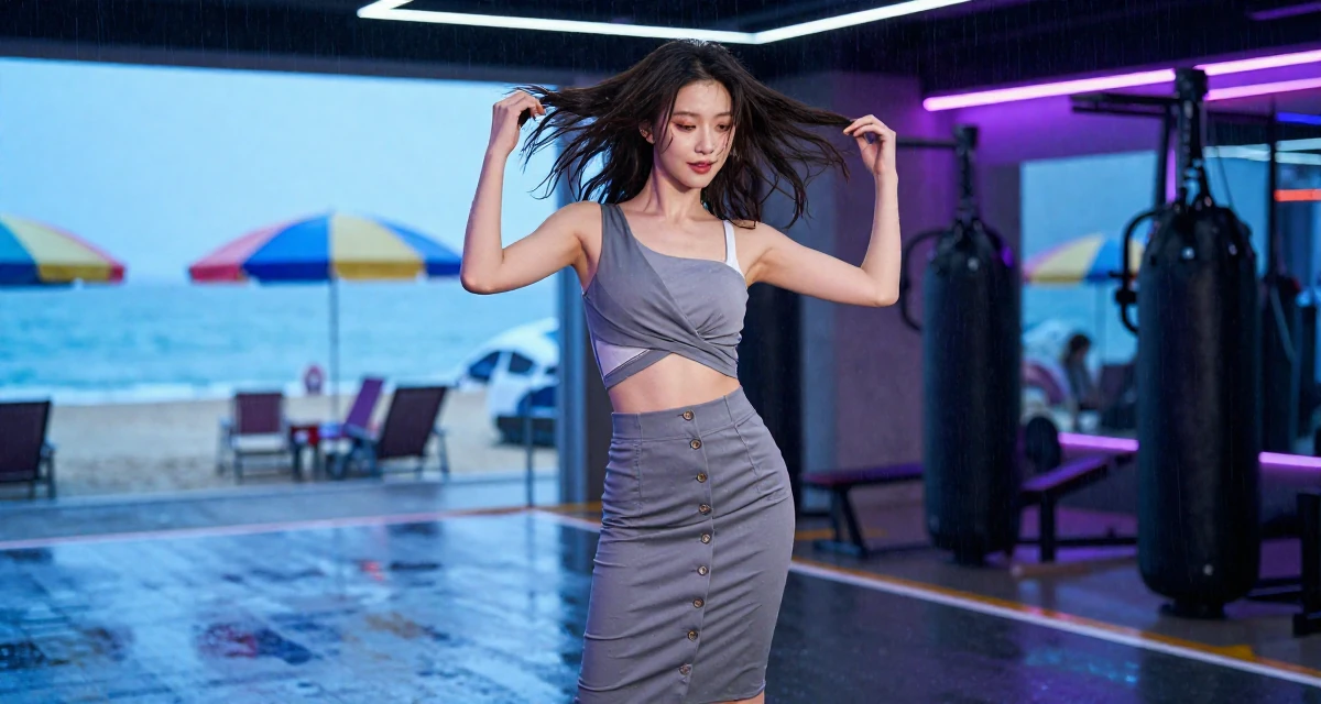 A charming Female From Busan South Korea, trained at a private dance academy in their 25, vibrating with creative potential, wearing a fitted midi skirt with buttons down the front, twirling a lock of hair in a gym interior.