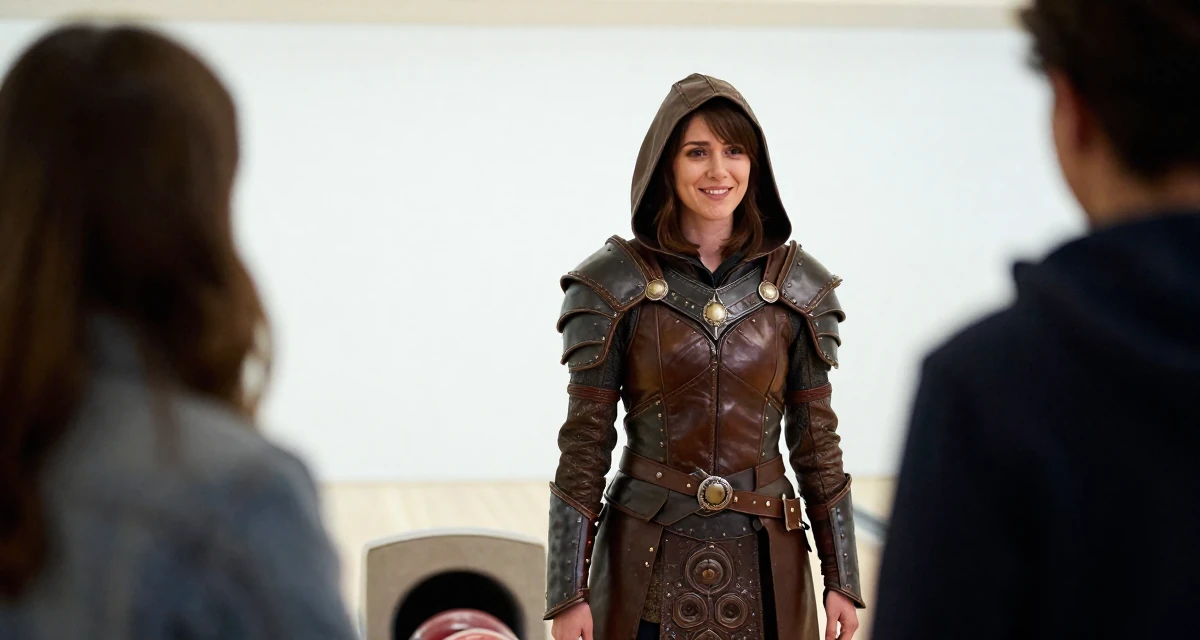 A worried Female From Chicago USA, practiced nightlife photography storytelling in their 21, struggling to wake up for early morning lectures, wearing a fantasy rogue leather armor with a hood, smiling at a stranger in a bowling alley.