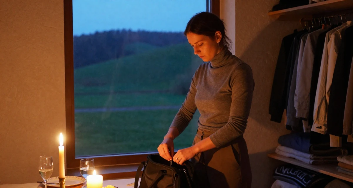 A observant Female From Kraków Poland, studied emotional choreography in contemporary dance in their 24, handling the transition from student to adult identity, wearing a sophisticated turtleneck and trousers, zipping up a bag in a walk-in closet.
