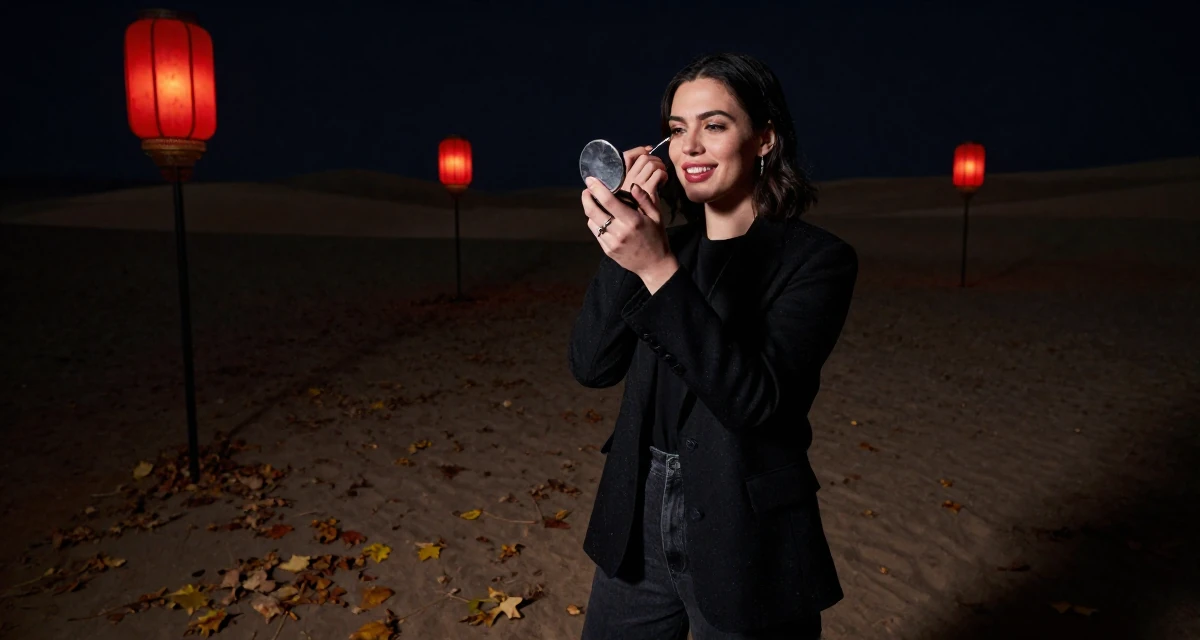 A pleased Female From UK, studied anthropology in their 31, enjoying the fruits of labor from the 20s, wearing a modern casual lifestyle wear, checking makeup in a compact mirror in a desert landscape.