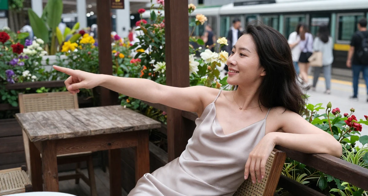 A smiling gently Female From Hong Kong, majored in graphic design in their 32, managing long-distance relationship, wearing a silk slip dress in a soft neutral tone, pointing at something nearby in a blooming flower garden.