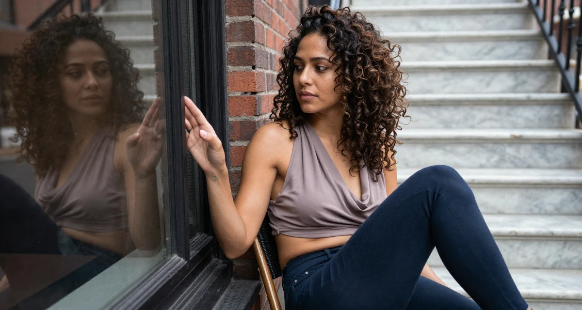 A sentimental Female From the United States, based in Miami, graduated from a creative institute majoring in seductive branding in their 49, preparing for a spiritual pilgrimage, wearing a draped neckline top and fitted slacks, checking a reflection in a window in a historic downtown.