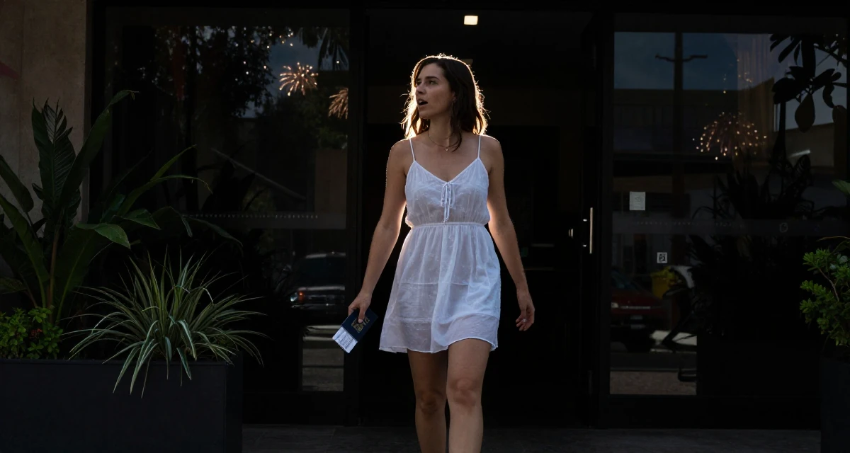 A eager Female Born in Colombia, majored in media innovation in their 22, hit hard by the reality of entry-level wages, wearing a semi-sheer white sundress backlit by the sun, holding a passport or ticket in a cinema entrance.