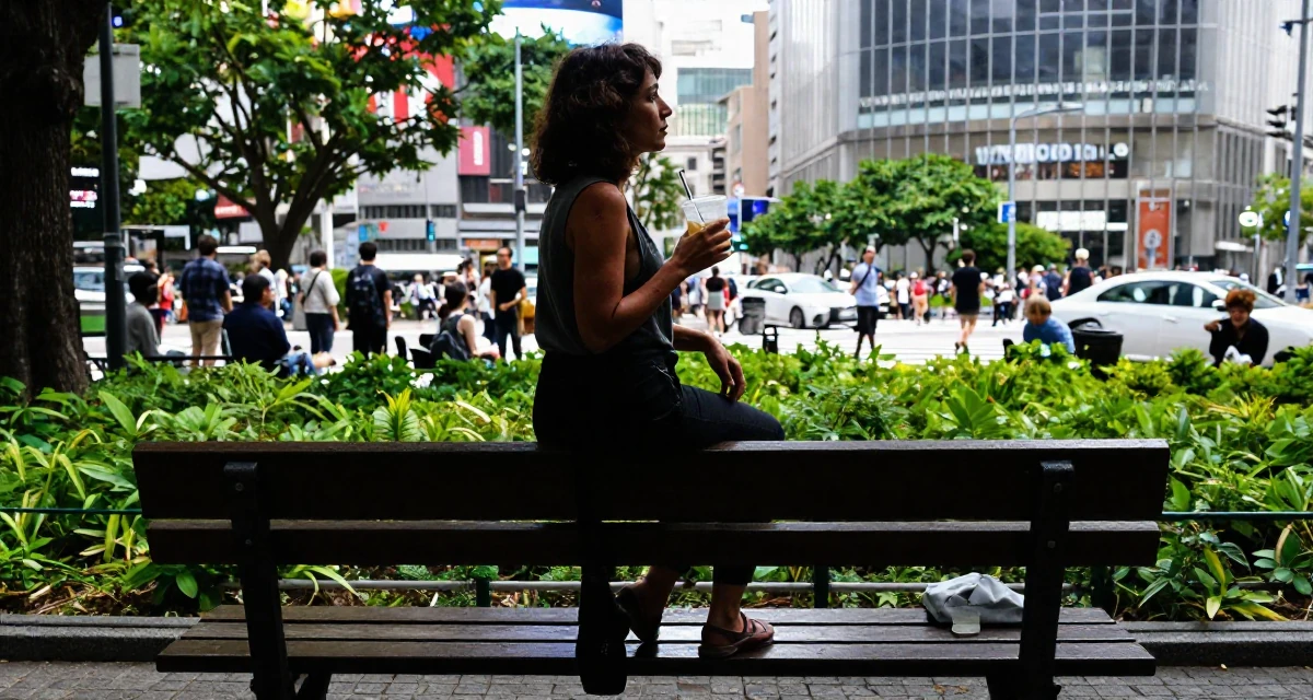 A thoughtful Female Grew up in Spain, studied international business in their 24, healing from past emotional wounds, wearing a comfortable urban casual outfit, holding a cold drink in a park bench.