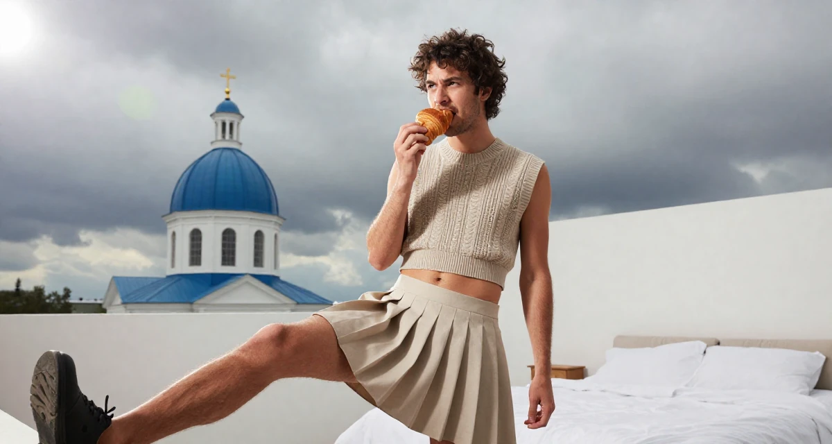 A intense and captivating male From Canada, majored in anthropology in their 27, dealing with the emotional cost of visibility, wearing a cropped sweater vest and a pleated mini skirt, eating a croissant in a minimalist bedroom.
