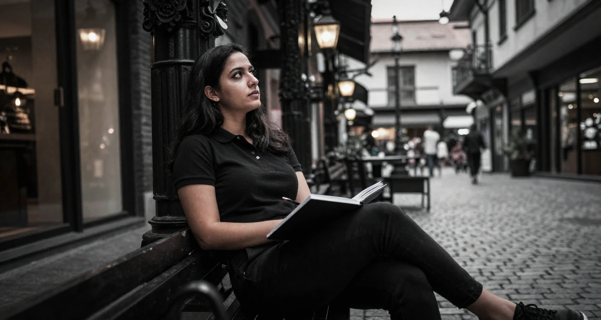 A relaxed and observant Female Grew up in Nepal, majored in marketing analytics in their 25, adjusting to newfound independence, wearing a smart polo shirt and slacks, holding a notebook in a shopping mall atrium.