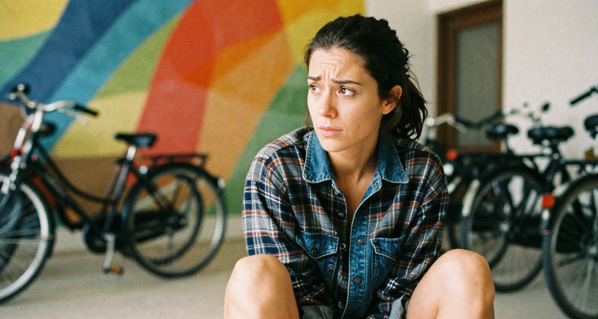 A worried Female Former receptionist at a spa, now blending wellness with creator content in their 25, developing discipline through daily habits, wearing a rugged flannel shirt and denim, glancing over the shoulder in a waiting room.