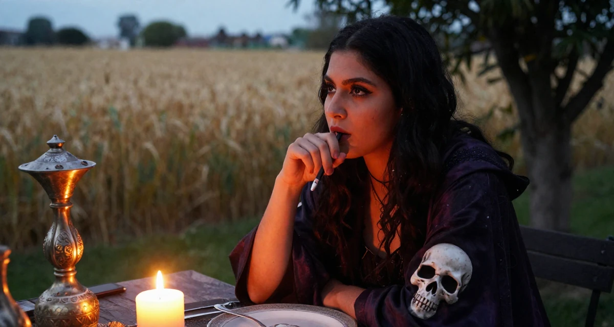 A bewitching Female From Mexico, studied cultural studies in their 41, sharing the reality of raising high schoolers, wearing a dark fantasy necromancer robe with skull motifs, chewing on a pen thoughtlessly in a backyard garden.