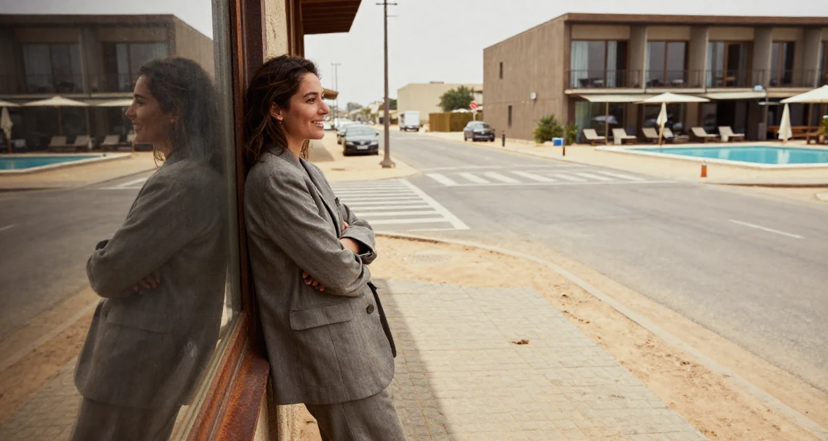 A satisfied Female From Amsterdam Netherlands, studied creative business in their 26, feeling the shift from junior to mid-level expectations, wearing a relaxed fit suit separate, checking a reflection in a window in a busy intersection.