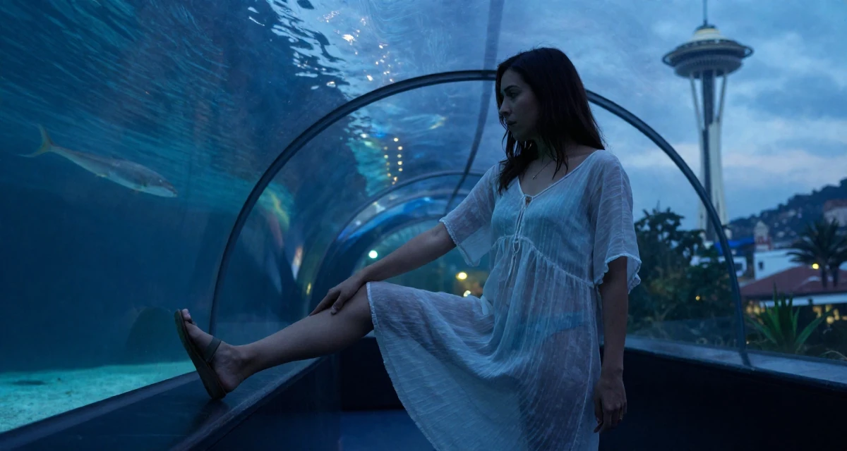 A moody Female From Peru, based in Arequipa, graduated from a local university majoring in business communication in their 48, preparing for long-term financial planning, wearing a semi-transparent beach cover-up dress, tapping a foot in a aquarium tunnel.