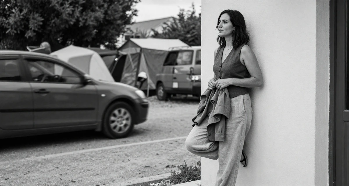 A longing Female From Athens Greece, studied philosophy in their 24, mastering the art of work-life separation, wearing a sleeveless vest top and wide-leg linen pants, buttoning up a jacket in a camping site.