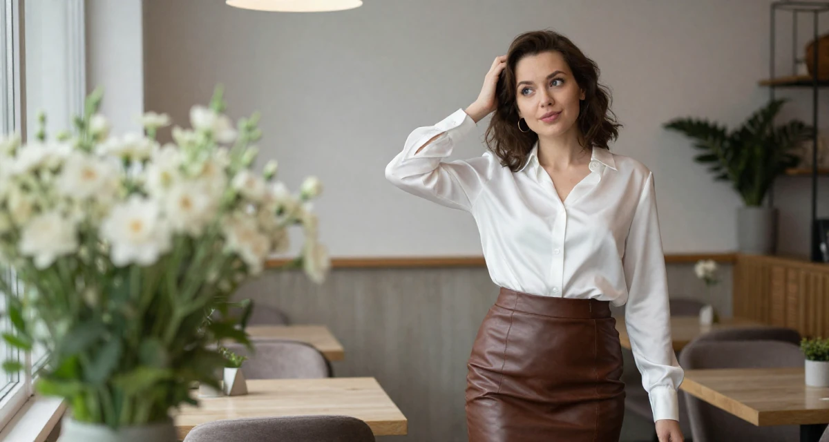 A playful Female From Russia, majored in international trade in their 38, supporting spouse’s career shift, wearing a white silk shirt tucked into a leather pencil skirt, scratching a head lightly in a cozy café.