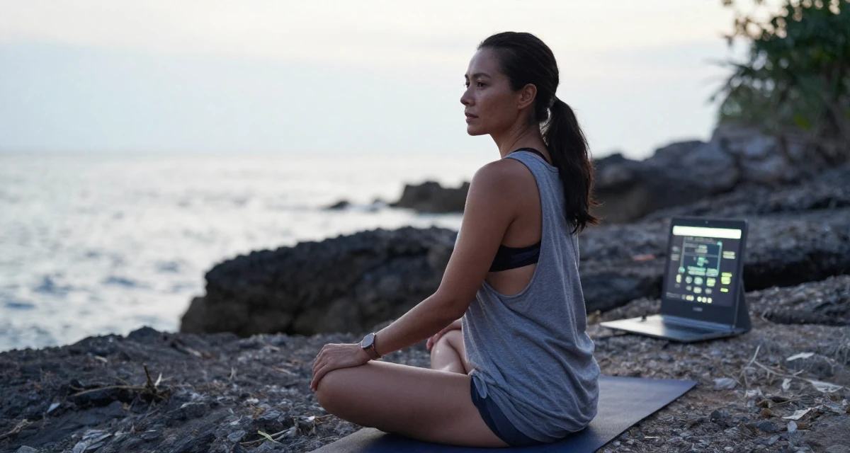 A focused Female From Thailand, majored in entertainment business in their 38, focused on longevity and holistic wellness, wearing a loose tank top with deep side cuts, glancing over the shoulder in a rocky ocean cliff.