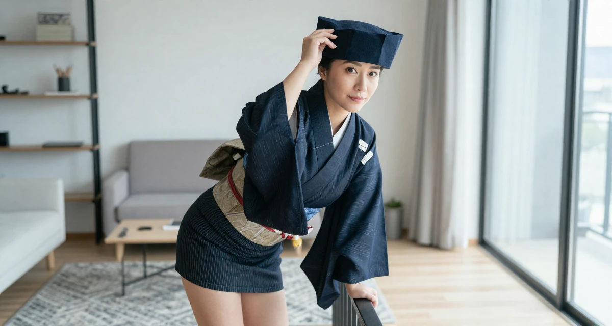 A proud and dignified Female Born Chinese-speaking regions, studied strategic communication in their 40, starting a business after years of corporate life, wearing a shrine maiden outfit with a short hakama skirt, adjusting a hat in a modern apartment.