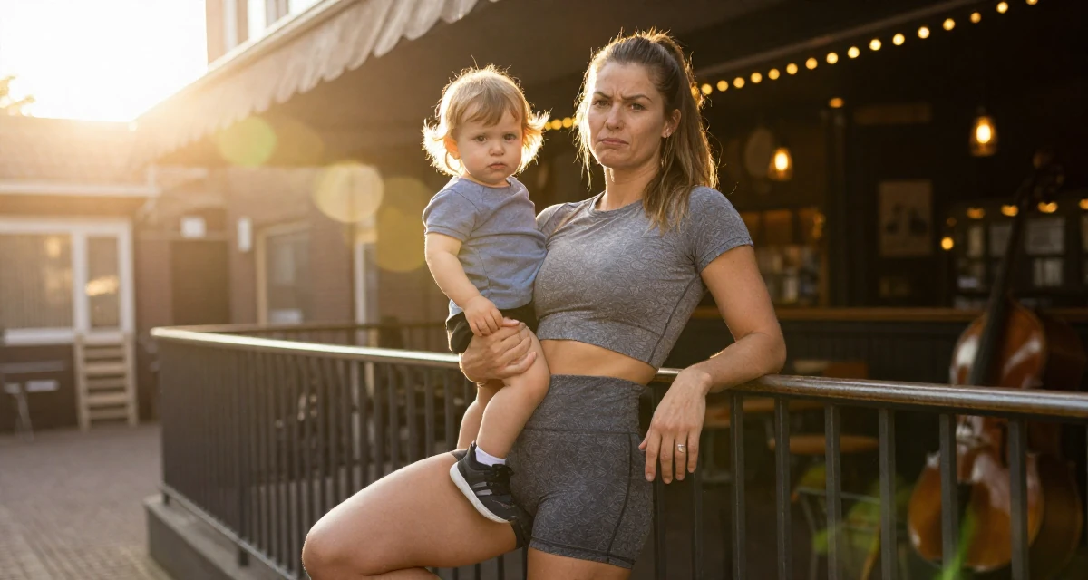 A pouting Female From Netherlands, has a background in logistics in their 35, raising a toddler while building a business, wearing a cropped gym top and high-cut running shorts, leaning on a railing in a dimly lit jazz bar.