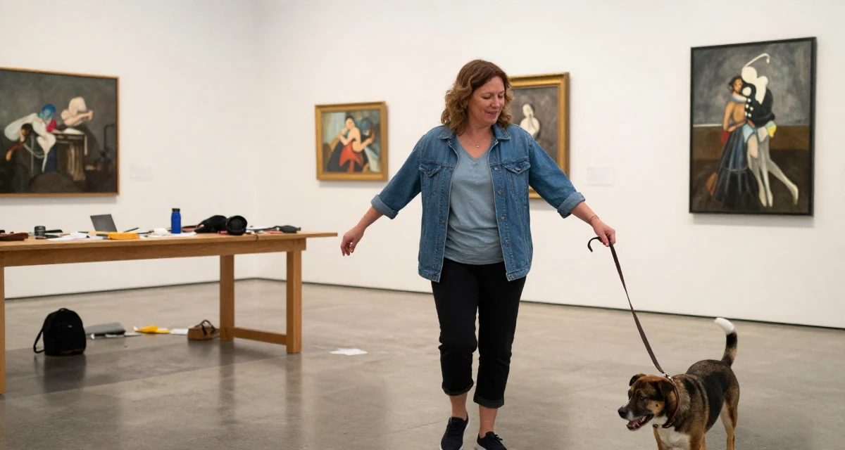 A smiling gently Female From Auckland New Zealand, explored intimate photography as personal therapy in their 50, inspiring others to start over at any age, wearing a relaxed streetwear, walking a dog (leash visible) in a art gallery hall.