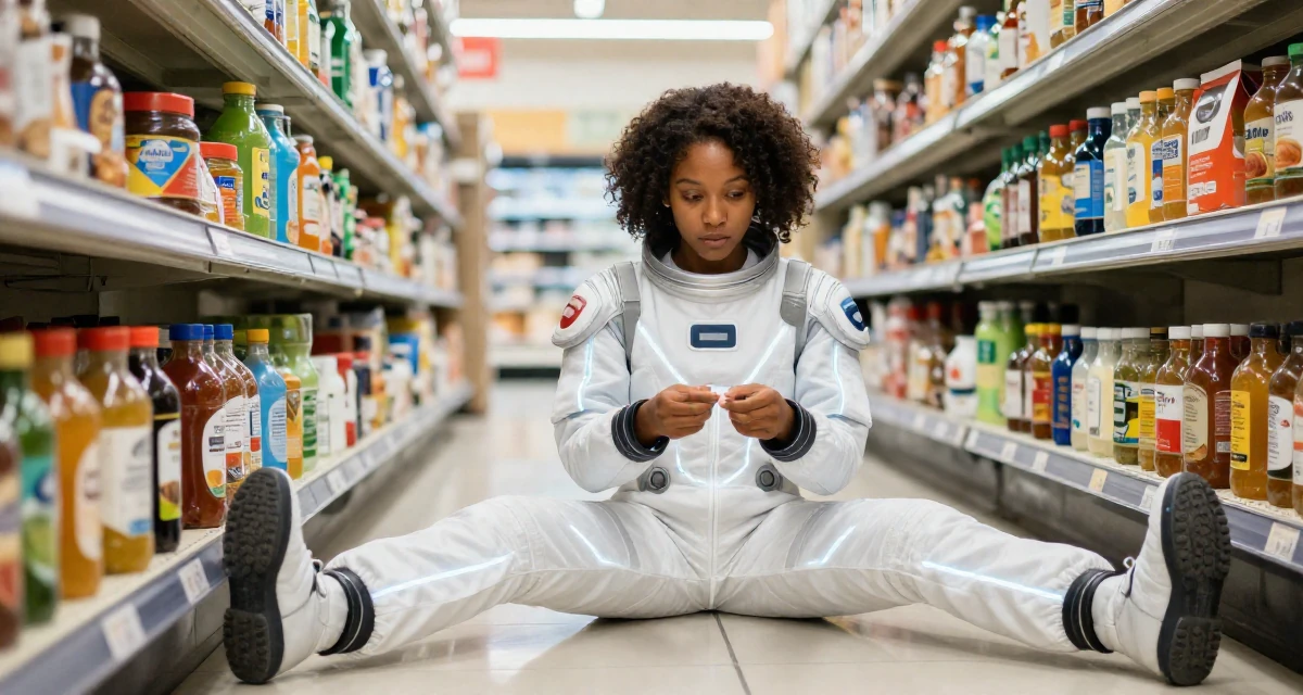 A whimsical Female From Gabon, studied oil and gas management in their 23, analyzing which posts convert best, wearing a futuristic space pilot plugsuit with glowing lines, inspecting fingernails in a supermarket aisle.