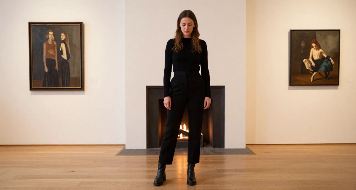 A self-assured Female From Milan Italy, studied fashion styling in their 29, seeking mentorship and higher guidance, wearing a monochromatic black outfit, looking down at the ground shyly in a art gallery.