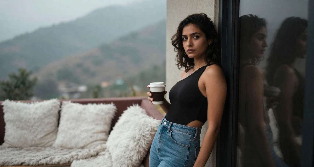 A serious Female Raised in Pakistan, majored in mass communication in their 25, realizing no one teaches emotional labor in creator work, wearing a open-back bodysuit with vintage denim jeans, holding a cup of coffee in a cinema entrance.