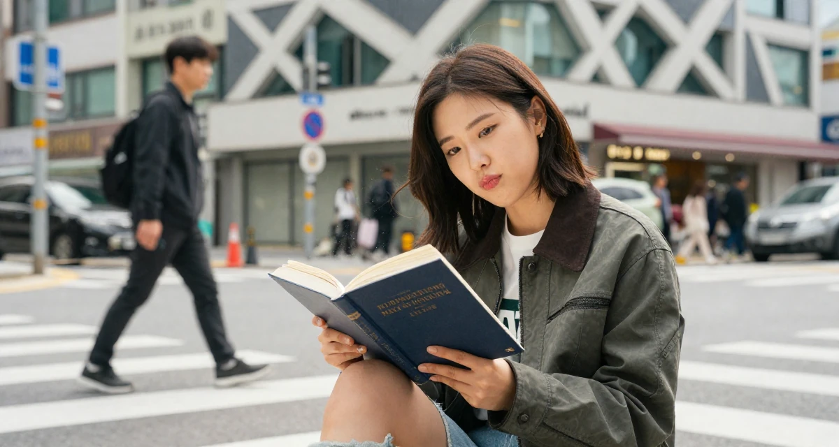 A flirty Female From Busan South Korea, trained at a private dance academy in their 21, reading philosophy and questioning everything, wearing a structured jacket with casual tee, brushing off dust in a busy intersection.