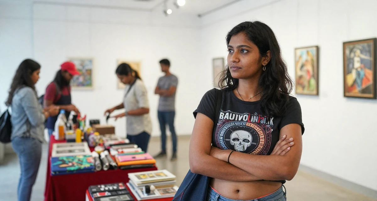 A resilient Female From Bangladesh, based in Chittagong, graduated from a technical college majoring in graphic design in their 30, planning adult responsibilities with unstable cash flow, wearing a cropped graphic tee and bikini bottoms, looking through a bag in a art gallery hall.