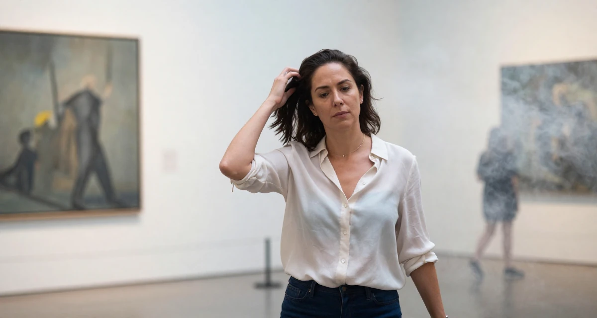 A placid Female From Australia, studied sports science and nutrition in their 40, facing mid-career uncertainty, wearing a lightweight chiffon blouse slightly unbuttoned, retouching hair volume in a art gallery.