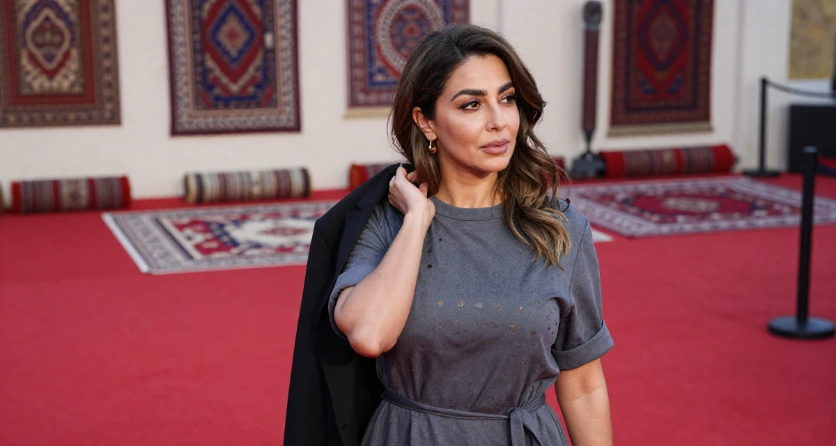 A lazy Female From UAE, studied business administration in their 40, celebrating a decade of professional mastery, wearing a t-shirt dress with the sleeves rolled up, tucking hair behind an ear in a red carpet event.