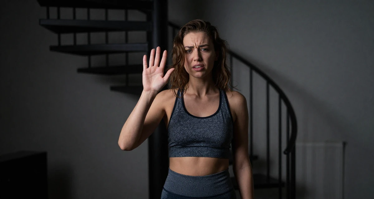 A guarded Female From Moscow Russia, majored in linguistics in their 23, experimenting with playful facial expressions, wearing a form-fitting athletic set with a sports bra and leggings, pushing hair from face in a tv set.