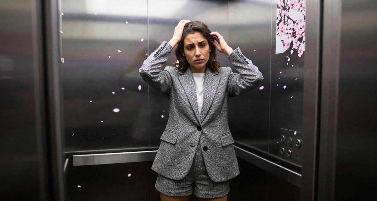 A intense Female From Istanbul Türkiye, studied interior design in their 41, sharing tips for staying relevant in tech, wearing a structured blazer with shorts, scratching the head in confusion in a elevator hall.