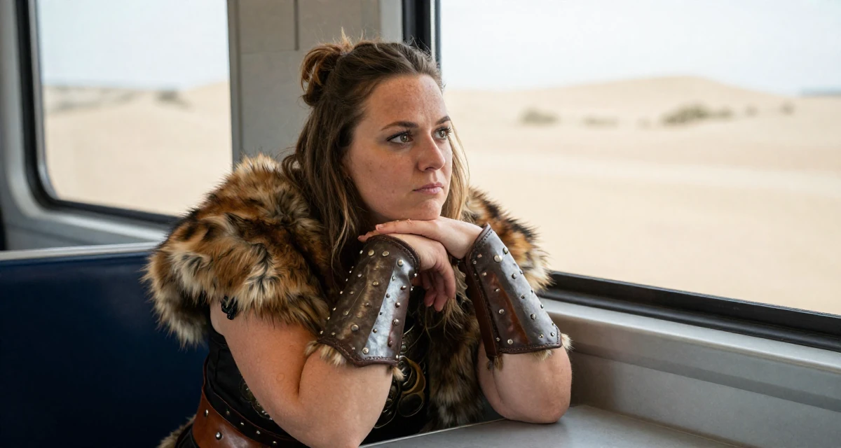 A sarcastic Female Once a gamer girl streamer, now expanding into lifestyle creator work in their 31, navigating the balance between career and new motherhood, wearing a viking shield-maiden outfit with fur and leather, pointing at something distant in a train carriage.