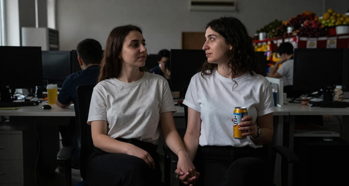 A relaxed and carefree Female From Turkmenistan, studied industrial technology in their 23, managing early burnout from overcommitment, wearing a minimalist everyday clothing, holding a beverage can in a office break room.