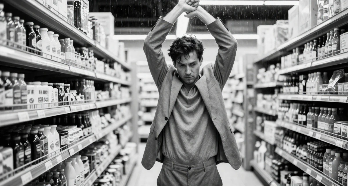 A arrogant male Once a dog trainer, now a pet-friendly lifestyle content creator in their 22, exploring slow, teasing video styles within comfort limits, wearing a relaxed fit suit separate, shivering slightly in a supermarket aisle.