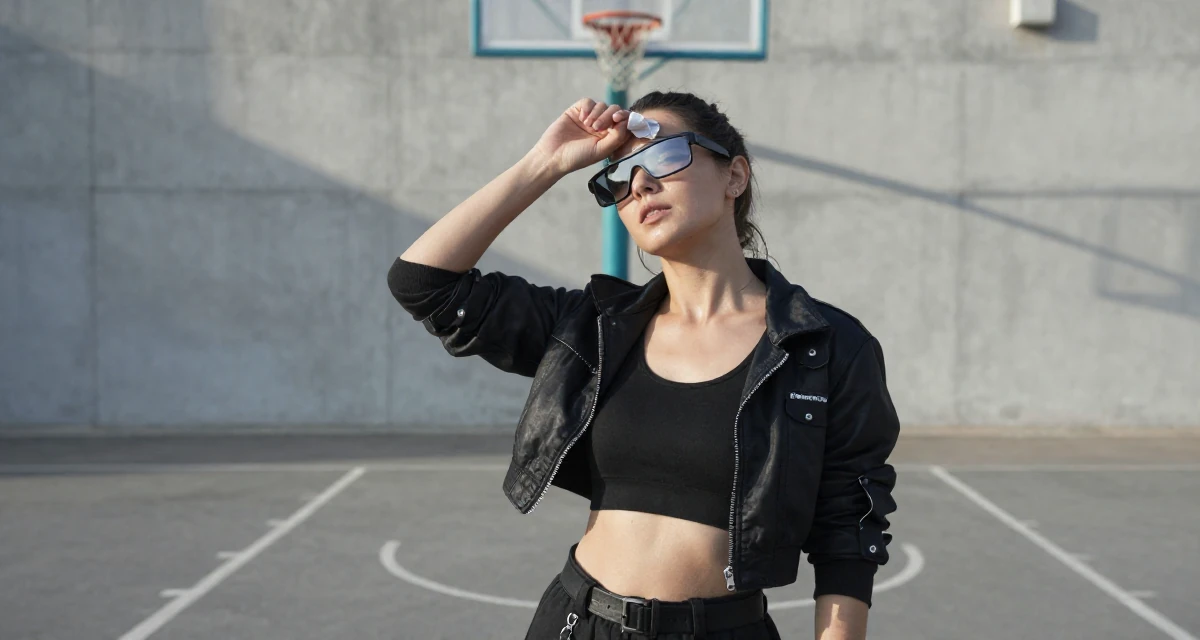 A carefree Female From Tajikistan, studied civil engineering in their 25, standing tall with newfound self-assurance, wearing a cyberpunk hacker outfit with oversized tech glasses, wiping sweat from the brow in a basketball court.