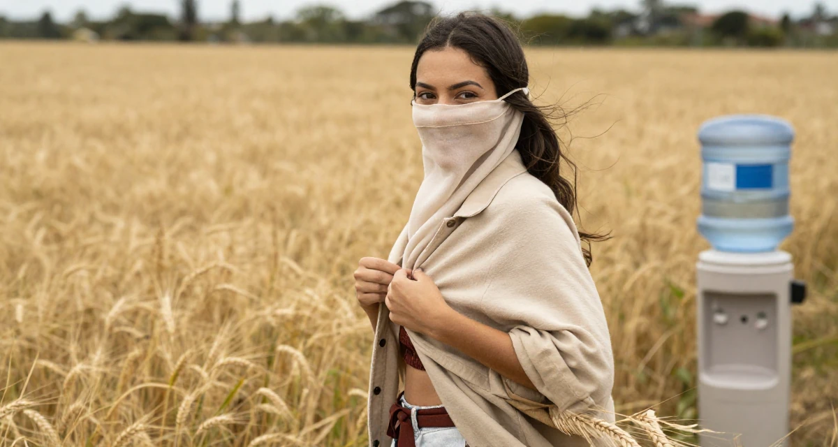 A cheerful Female Raised in Brazil, majored in multimedia arts in their 26, exploring digital nomad life, wearing a desert nomad wrap outfit with a face veil, buttoning up a jacket in a golden wheat field.