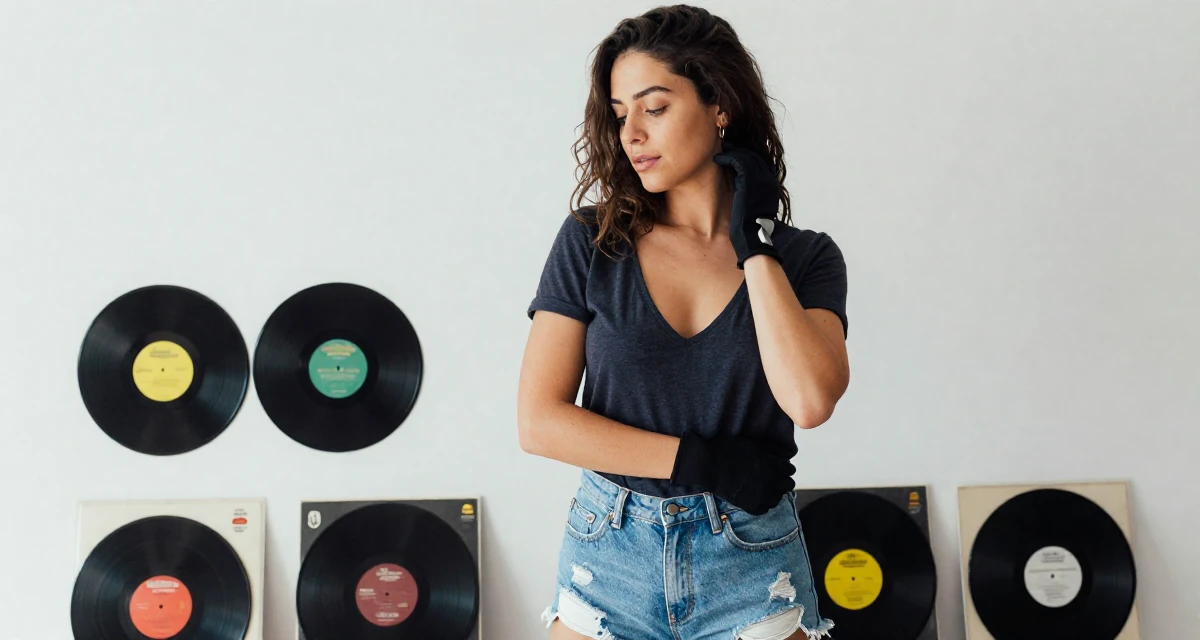 A alluring Female From Rio de Janeiro Brazil, learned fitness aesthetics through beach culture in their 22, exploring early career opportunities, wearing a deep v-neck t-shirt and distressed denim shorts, removing a glove in a photo studio.
