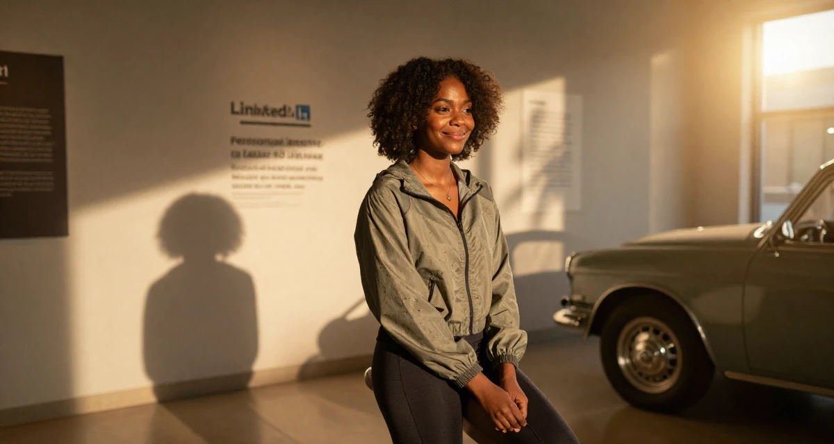 A smiling gently Female From Lagos Nigeria, majored in digital marketing in their 32, building a personal brand on LinkedIn, wearing a sporty windbreaker and leggings, pausing mid-step in a museum exhibit.