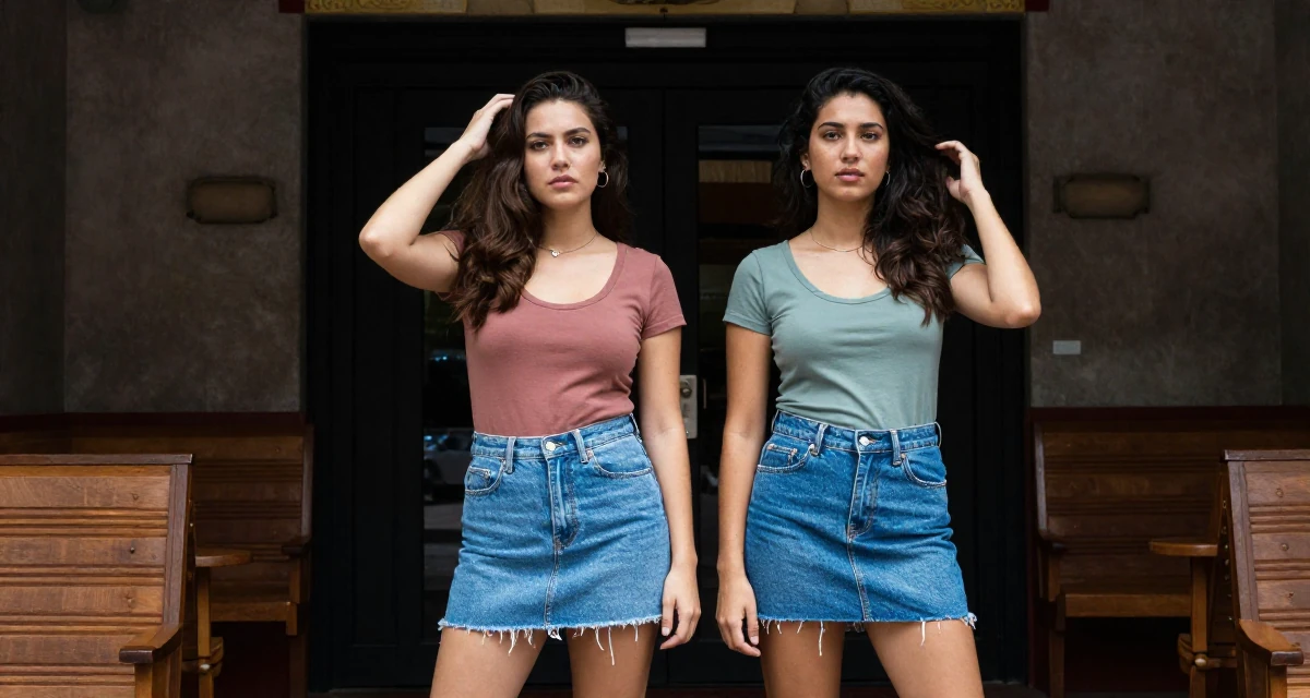 A introspective Female From Manila Philippines, studied mass communication in their 49, celebrating female friendship and support, wearing a fitted scoop neck tee and a denim mini skirt, running fingers through hair in a cinema entrance.