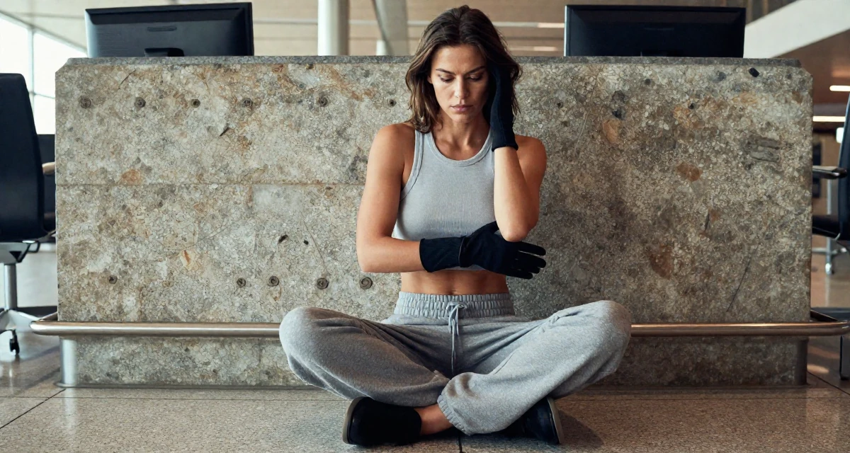 A mysterious Female From Rotterdam Netherlands, majored in logistics management in their 48, documenting the process of writing a memoir, wearing a cropped tank top and low-waisted sweatpants, removing a glove in a airport departure lounge.