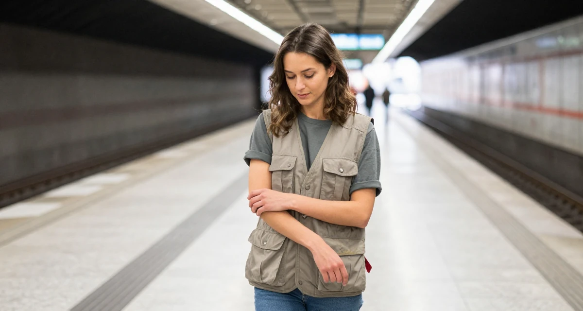 A relaxed Female From Kraków Poland, majored in European studies in their 20, navigating the awkwardness of early adulthood, wearing a urban explorer utility vest look, adjusting sleeves in a subway platform.