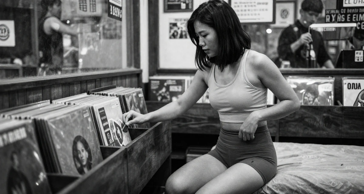 A resilient Female From Shenzhen China, graduated in computer science in their 25, optimizing scenes for mood, not explicitness, wearing a cropped gym top and high-cut running shorts, reaching for a pocket in a vintage record store.